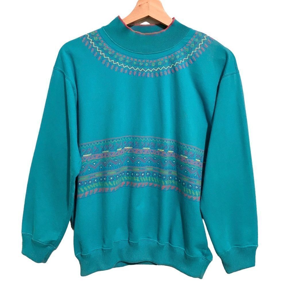 Vintage 90's Blast Yoke Patterned Elbow Length Sleeve Mock Neck Sweater in Small